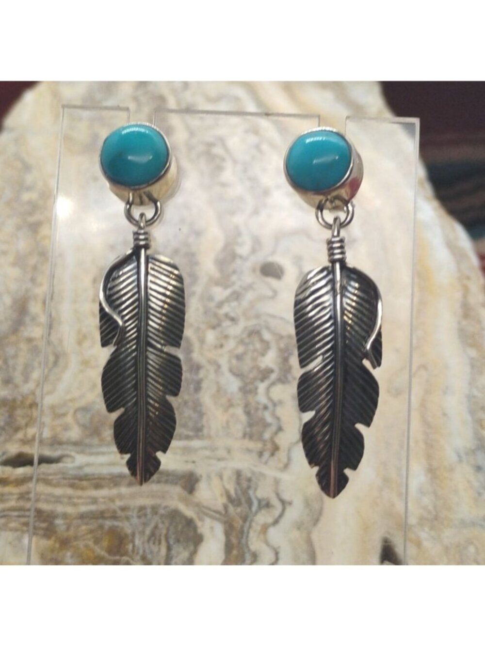 Handmade Southwestern Sterling Silver Kingman Turquoise Feather Dangle Earrings